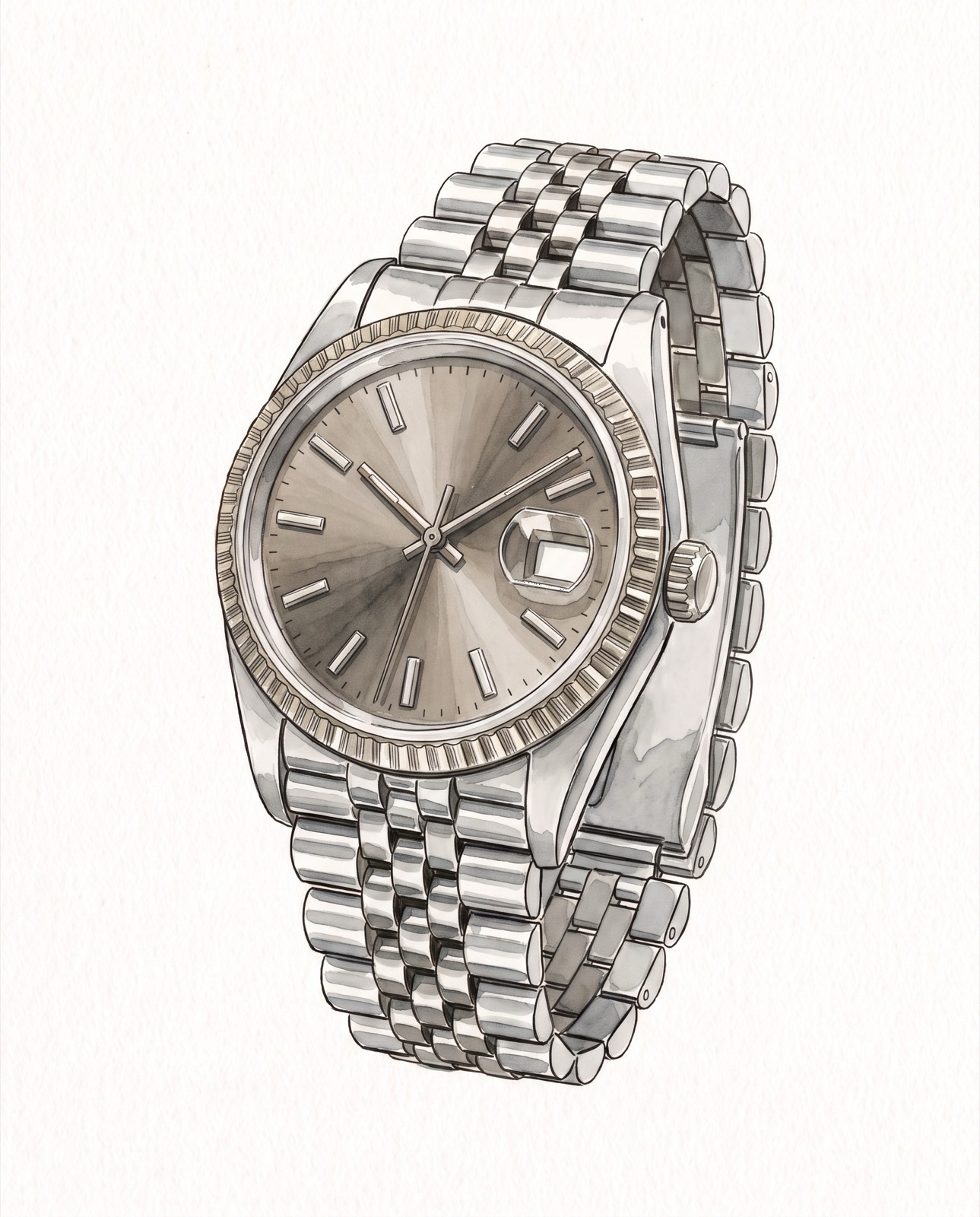 Illustration of a Rolex Datejust 41 in steel with a fluted white-gold bezel on a bracelet