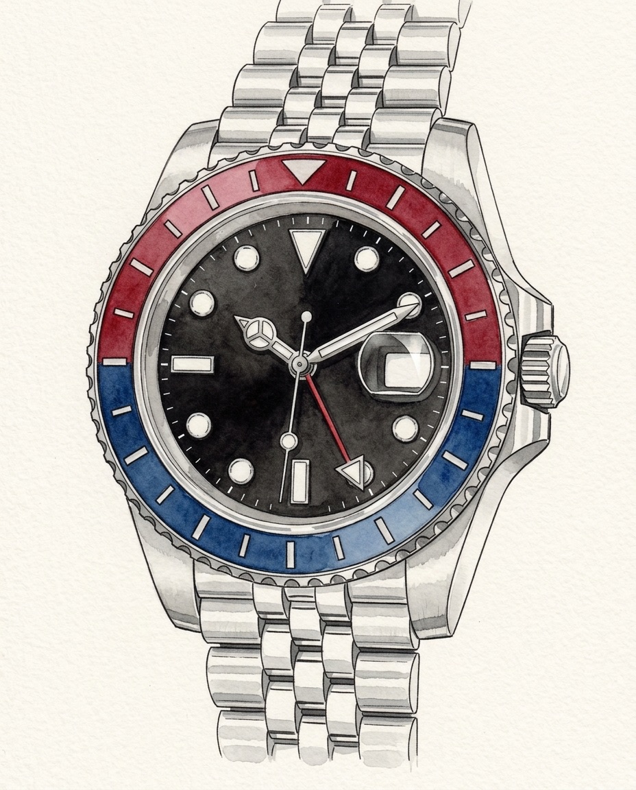 Watercolour of a steel Rolex GMT-Master II 126710BLRO with a red-and-blue ceramic bezel marked with 24 strokes and no numerals, a black dial, a red arrow-tipped 24-hour hand, a blank date window under its magnifying lens and a five-link Jubilee bracelet